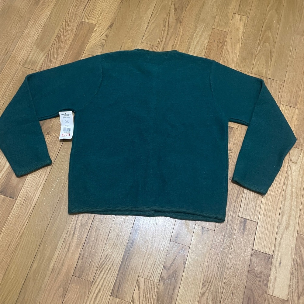 VTG Karen Scott Petites Medium Wool Cardigan Sweater Green Gold Button Academia - Picture 10 of 10
